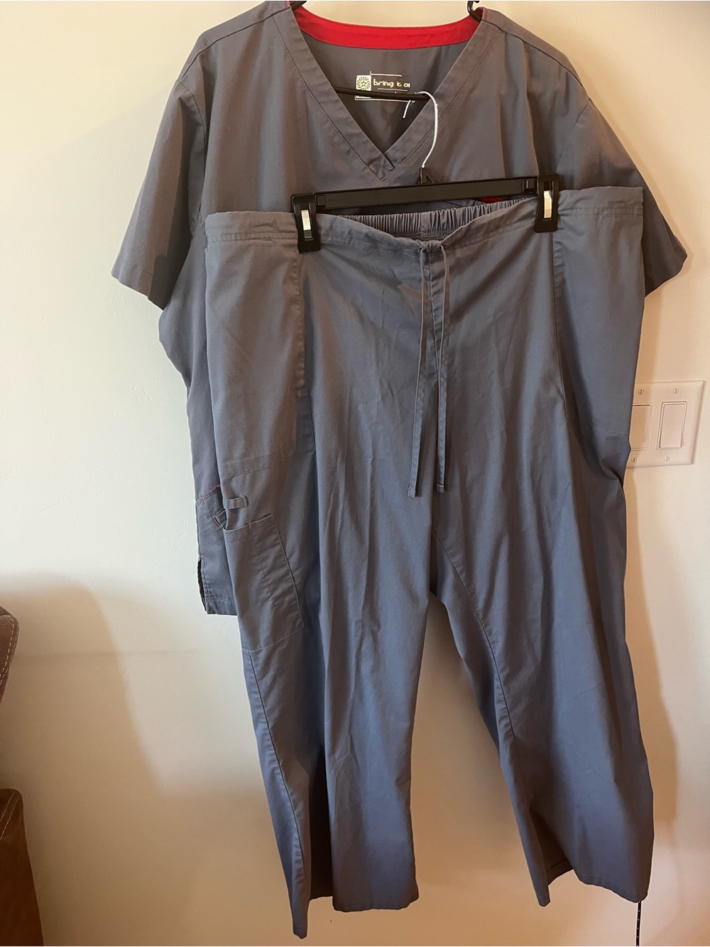SB  3pc Women's Gray Scrub Set with Red Trim. 2 tops